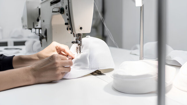 Close-up of artisan sewing fabric on industrial machine in bright studio light