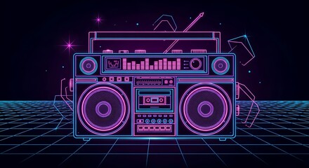 Retro futuristic synthwave boombox on a glowing neon laser grid.
