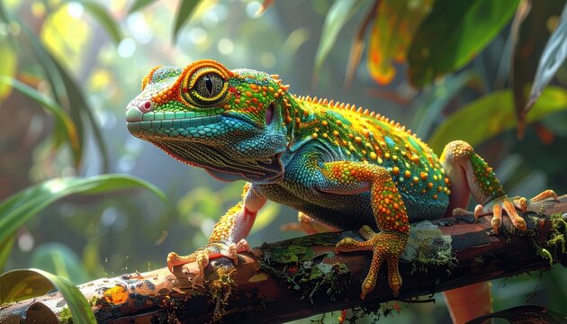 A vibrant, colorful gecko perched on a branch in a lush, tropical setting, showcasing an array of hues and textures.