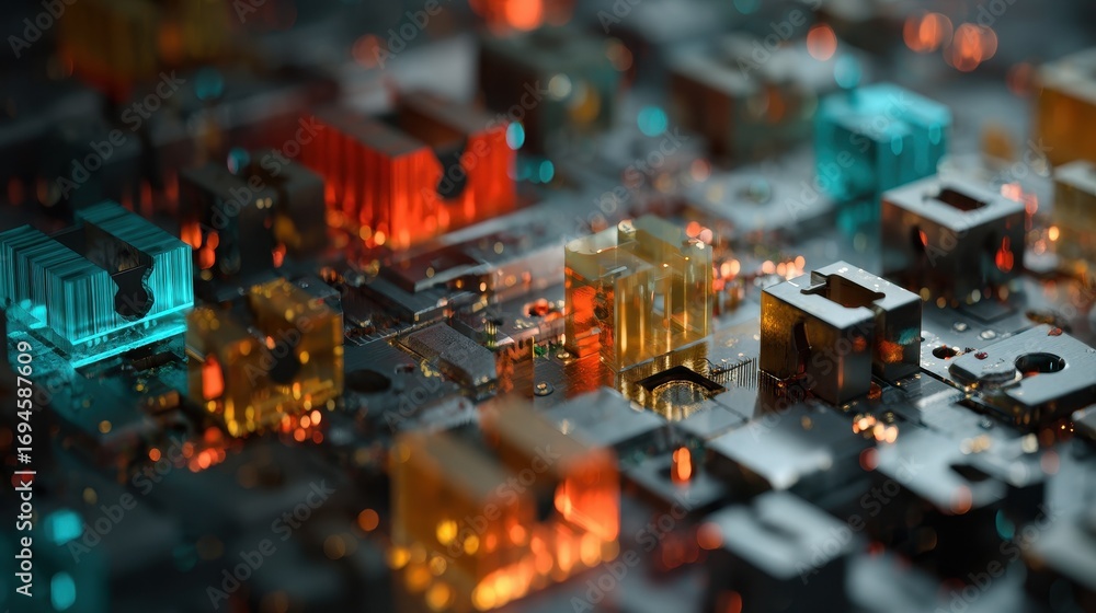 Poster futuristic circuit board with glowing neon components and microchips representing advanced technolog