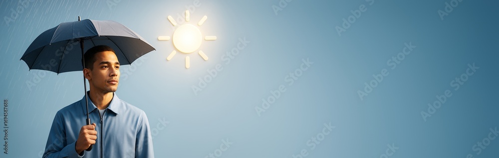Poster man holding umbrella under rain with sun icon on gradient blue background and empty space for copy o
