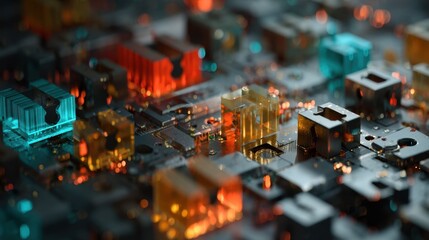 Futuristic circuit board with glowing neon components and microchips representing advanced technology and data processing