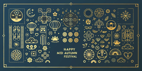 Happy mid autumn festival decorative elements and symbols in gold on a dark blue background