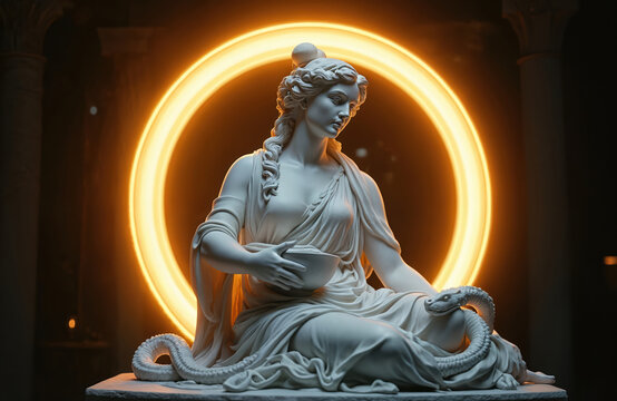 Luminous white marble statue of goddess with entwined serpent rests near glowing golden ring. Dramatic night lighting creates mystical fantasy atmosphere. Ancient sculpture detailed with divine - Powered by Adobe