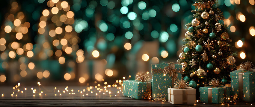 Holiday illumination and decoration concept at chrismas time, bokeh lights ove dark green background, chistmas tree with presents