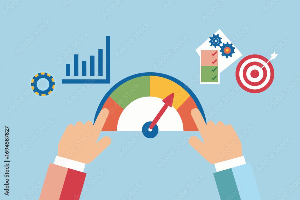 Poster hands adjusting a performance gauge with business analytics charts and target icons symbolizing succ