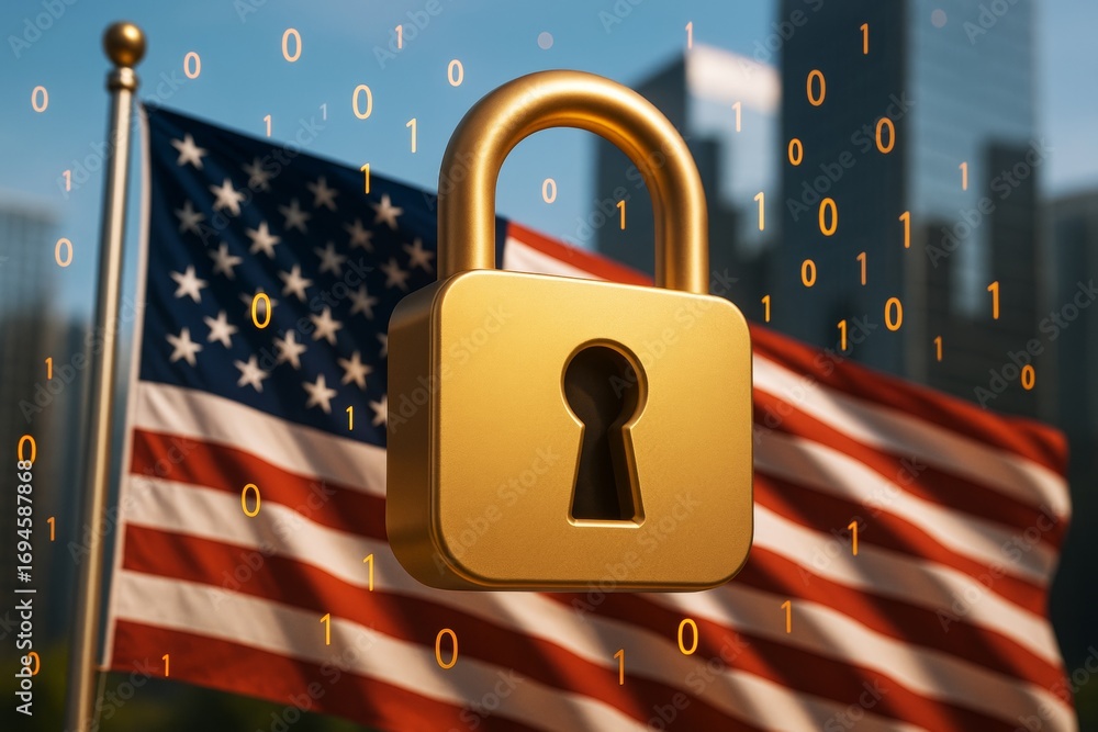 Poster golden padlock symbolizing cybersecurity in front of waving american flag with binary code and blurr