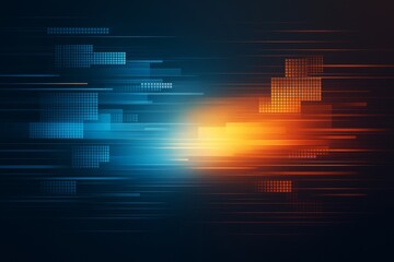 Abstract digital background with glowing blue and orange blocks, light streaks, and motion lines on dark backdrop illustrating modern tech concept.