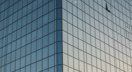 Obraz premium The corner of a modern glass skyscraper with a grid of reflective windows mirroring the sky.