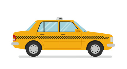 Classic yellow taxi cab with checkerboard pattern on white background