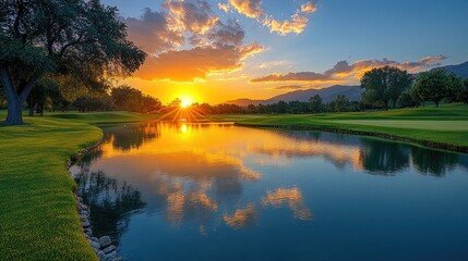 Serene golf course pond at sunset, reflecting vibrant clouds