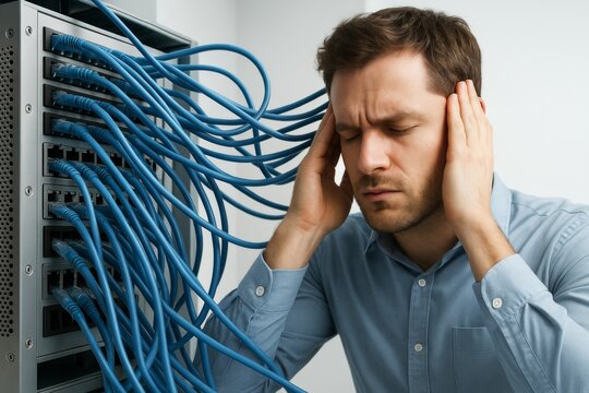 Stressed IT professional overwhelmed by network cables in data center, holding head in frustration against light background. Ai generative. Ai generative