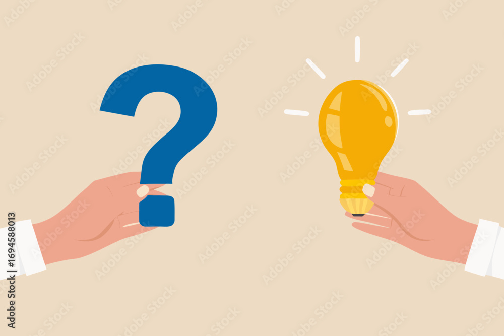 Poster two hands holding a question mark and a glowing light bulb representing problem solving and innovati