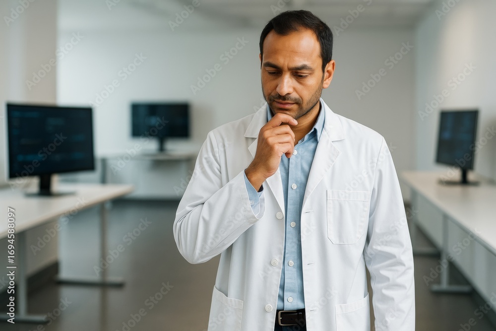 Poster thoughtful male scientist in lab coat standing in modern laboratory with computer monitors and light