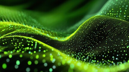 Abstract green digital wave background with flowing lines and glowing particles representing technology and data visualization