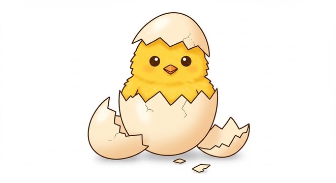 Poussin adorable sort de son oeuf lumiere douce dessin anime. AI Generated