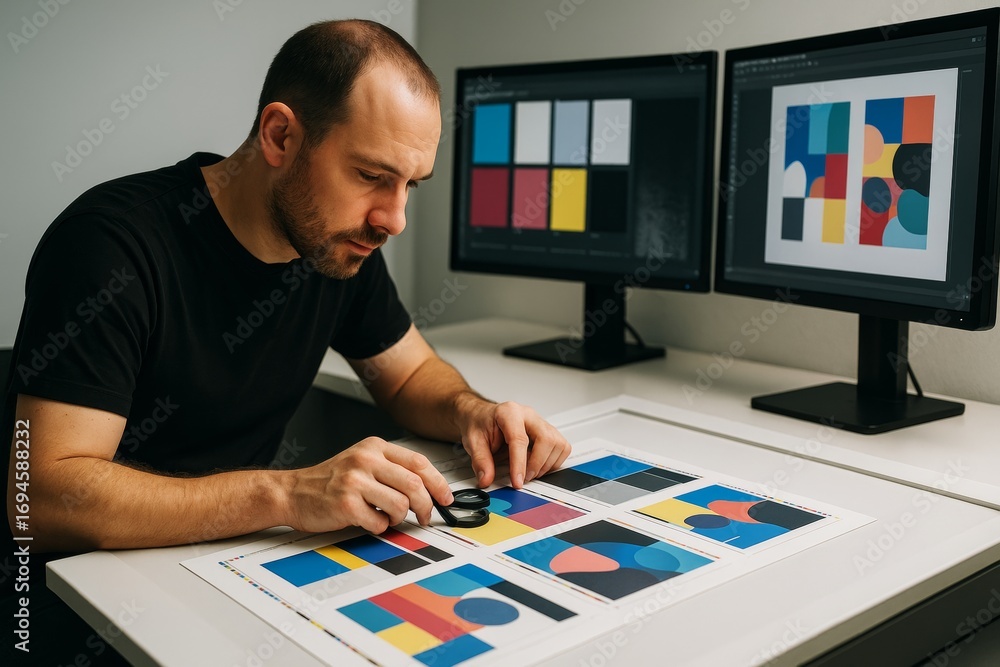 Poster graphic designer examining printed color proofs on desk with dual monitors displaying abstract layou