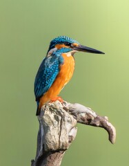 Vibrant Kingfisher with Blue and Orange Plumage Perched on Weathered Branch Against Green Background