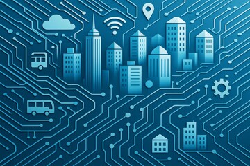 Smart city technology concept with urban buildings, digital icons, and circuit lines on a blue background in modern abstract graphics style. Ai generative