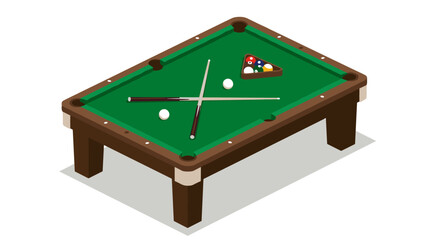 Isometric billiards table with balls and cues on green felt