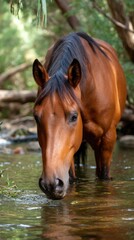 Chestnut Horse Drinking from Stream in Sun Dappled Forest