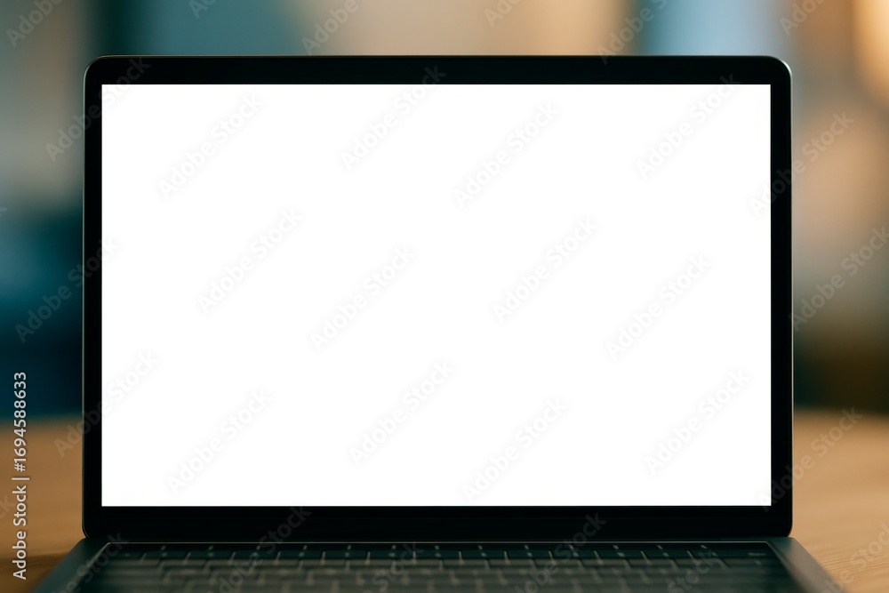 Poster blank laptop screen mockup with white display on blurred background for design presentation and bran