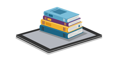 Isometric books stacked on tablet symbolizing digital learning and e-books