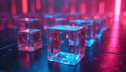 Rows of transparent cubes illuminated by vibrant neon lights in shades of blue, pink. Geometric shapes create futuristic, digital art aesthetic. Arrangement suggests modern, minimalist design with