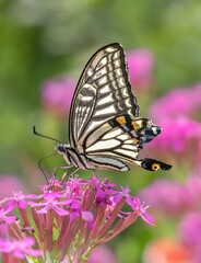 Swallowtail butterfly feeding on pink wildflowers in summer garden with green bokeh background