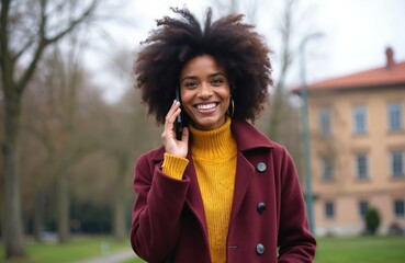 Smiling young African American woman with afro hair talks on mobile phone outdoors. Wears yellow turtleneck sweater, maroon winter coat. Casual street style, urban park setting, daytime