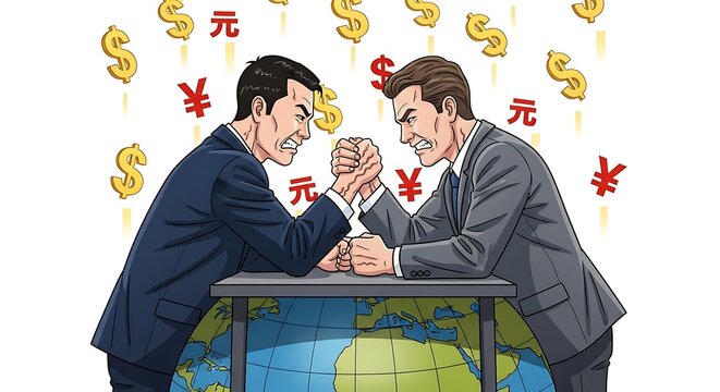 Two business individuals in a tense arm wrestling match, symbolizing a financial struggle over global currency amidst a backdrop of rising symbols