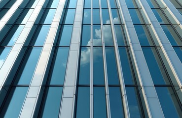 Obraz premium Modern building elevation features rhythmically arranged vertical panels, large glazing reflecting sky. Geometric lines, architectural design create sophisticated facade for corporate office