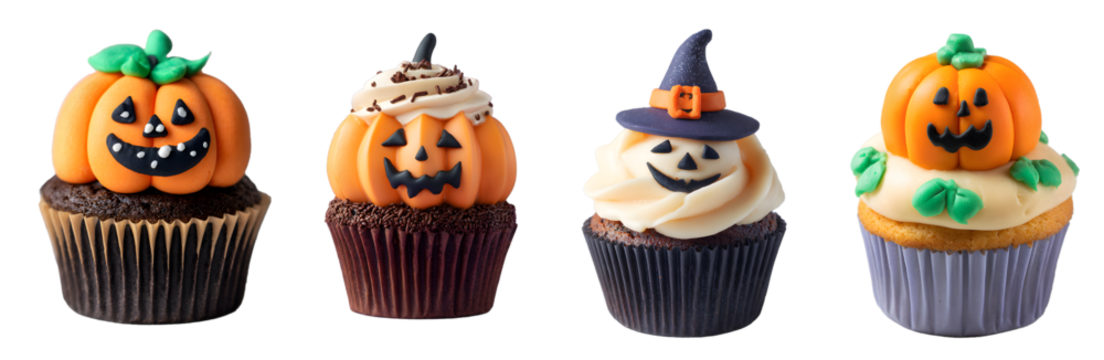 Halloween pumpkin cupcakes with frosting and witch decoration isolated on a transparent PNG background, white background, cut out - Powered by Adobe