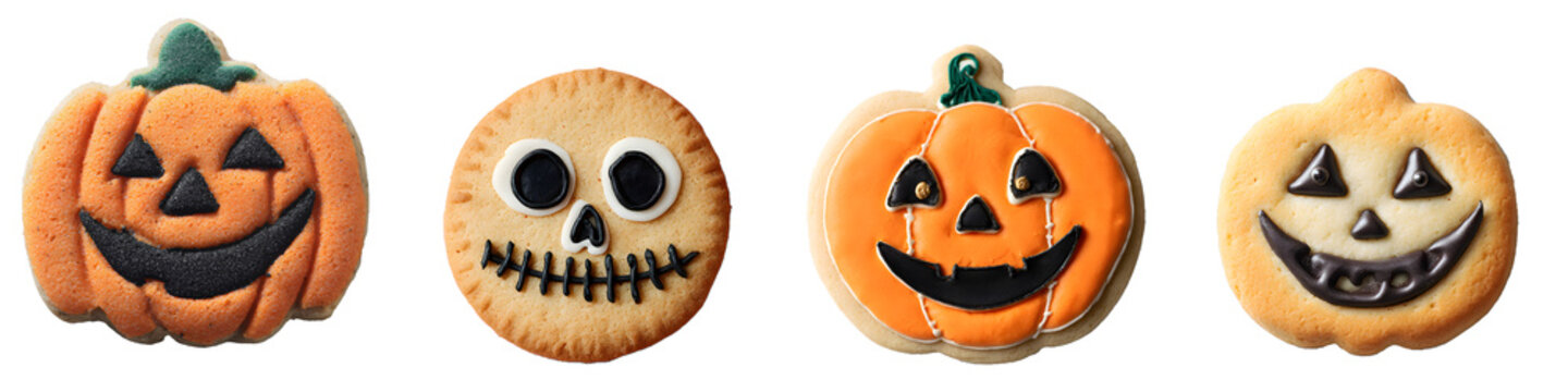 Halloween pumpkin and skull cookies isolated on a transparent PNG background, white background, cut out