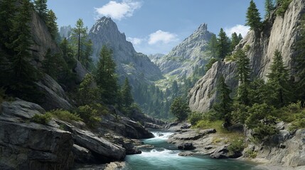 River flowing through a rocky mountain valley with evergreen trees and a clear sky