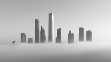 Obraz premium Group of skyscrapers emerge from a sea of fog under a pale sky in grayscale
