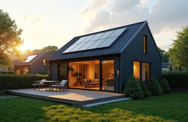 Modern urban house featuring solar panels on a dark metal roof. Adjacent homes also use renewable energy. A spacious wooden deck with outdoor furniture sits beside the manicured lawn.