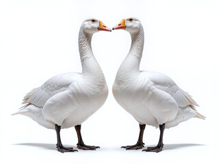 Obraz premium Two geese standing side by side against a minimalist white background, with neat feathers,A paired composition conveys natural harmony and a fresh, healthy vibe.