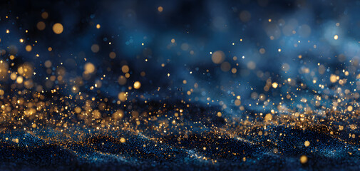 Abstract background with gold stars, particles and sarkling on navy blue. Chritmas Golden light shine paticles bokeh on navy blue ackground. 2024 New year bckground. Gold foil textur.