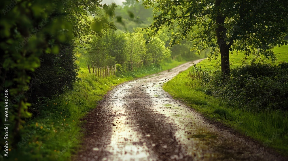 Poster a wet, muddy path through a lush green forest with trees and bushes on either side.