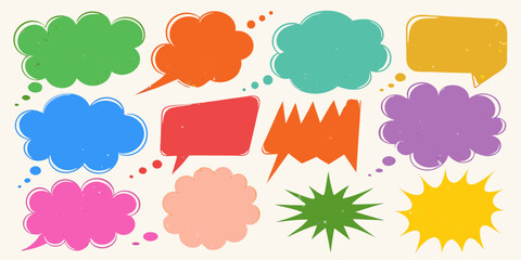 Collection of colorful textured speech bubbles and thought clouds for communication and ideas