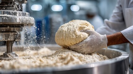 Industrial Dough Mixer. Baker in Bakery Removing Dough from Kneading Machine for Bread Preparation