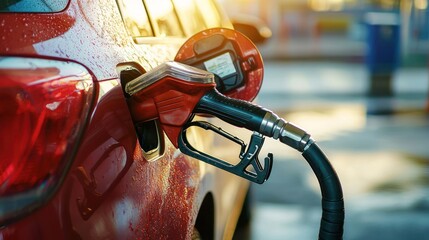 A red car with a fuel nozzle attached to it, filling up with fuel.