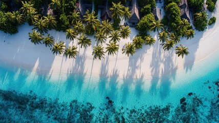 Overhead view turquoise coast white sand beach, natural lighting gradient blue waters travel promotion layout