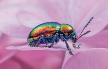 Iridescent Rainbow Beetle on Pink Flower Petals - Macro Nature Photography with Metallic Shell and Colorful Wildlife Insect