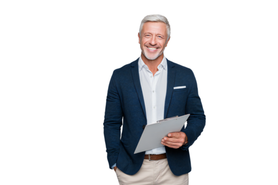 Smiling senior businessman holding clipboard in blazer and shirt isolated on white background