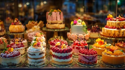 Fototapeta premium Parisian pastry shop window filled colorful desserts