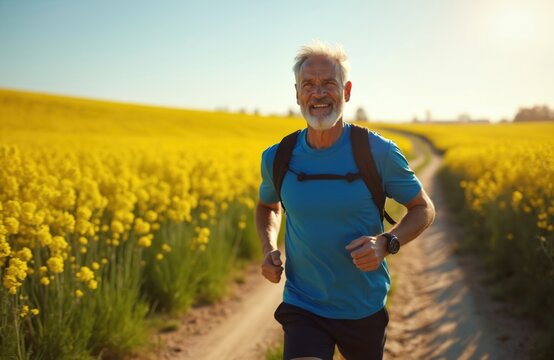Happy middle-aged man with grey beard runs on dirt road through canola field. Healthy lifestyle, endurance training in countryside during spring. Adult male jogger enjoys summer exercise, activewear. - Powered by Adobe