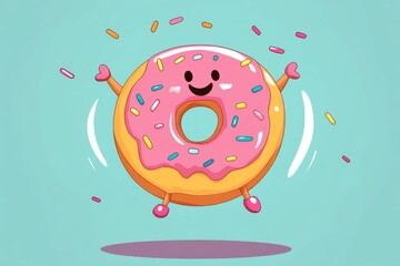 Smiling donut jumping with colorful sprinkles as cheerful cartoon food character
