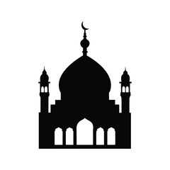 Silhouette of a mosque with a crescent moon on top of dome, mosque with dome and minaret silhouette vector illustration